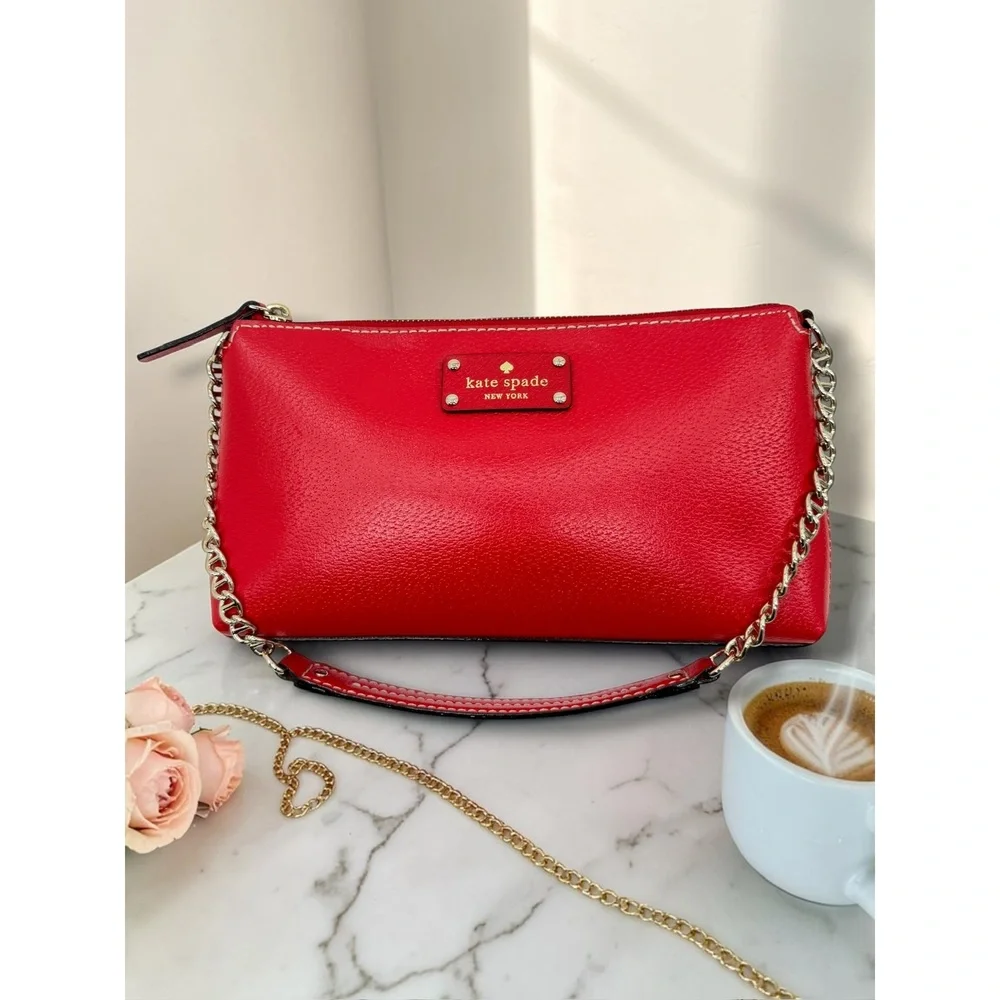 Kate Spade WKRU1427 Red Genuine Cow‎ Leather Chain Crossbody Purse OS